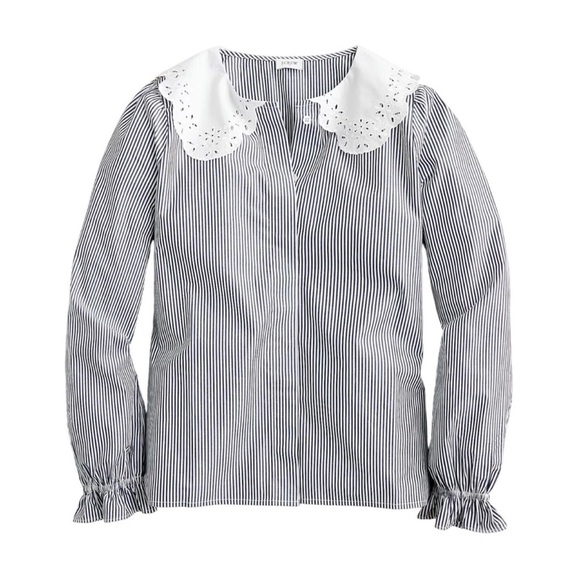 J. Crew Tops - J. Crew Lace Collar Poplin Top Stripe Size XS BS126 Cottagecore Neutral Spring
